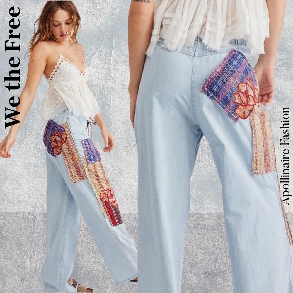 Free People Blue Jeans with Colorful Patchwork